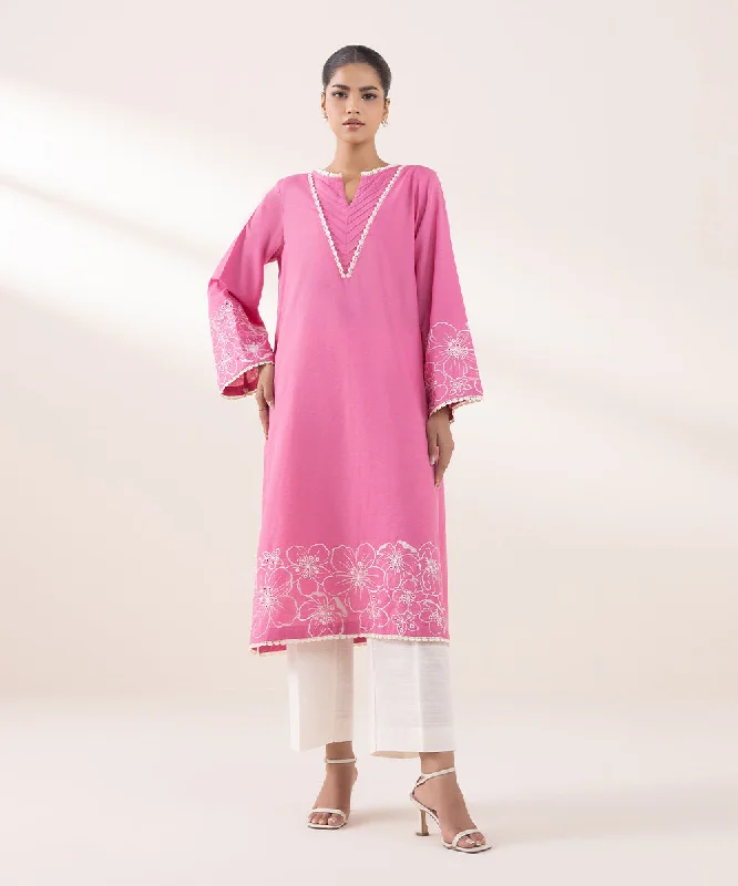 Embroidered Light Khaddar Shirt -- Basic T-Shirt Crew Neck Short Sleeve