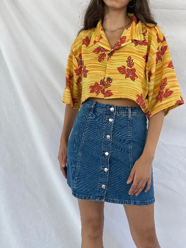 Vintage Pineapple Connections Cropped Hawaiian Print Shirt-- Machine Wash Dry Clean Hand Wash
