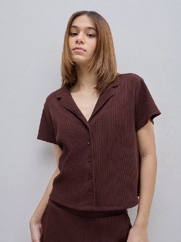 Superstar Brown Waffle-Textured Shirt-- Ribbed T-Shirt High Neck Heavyweight