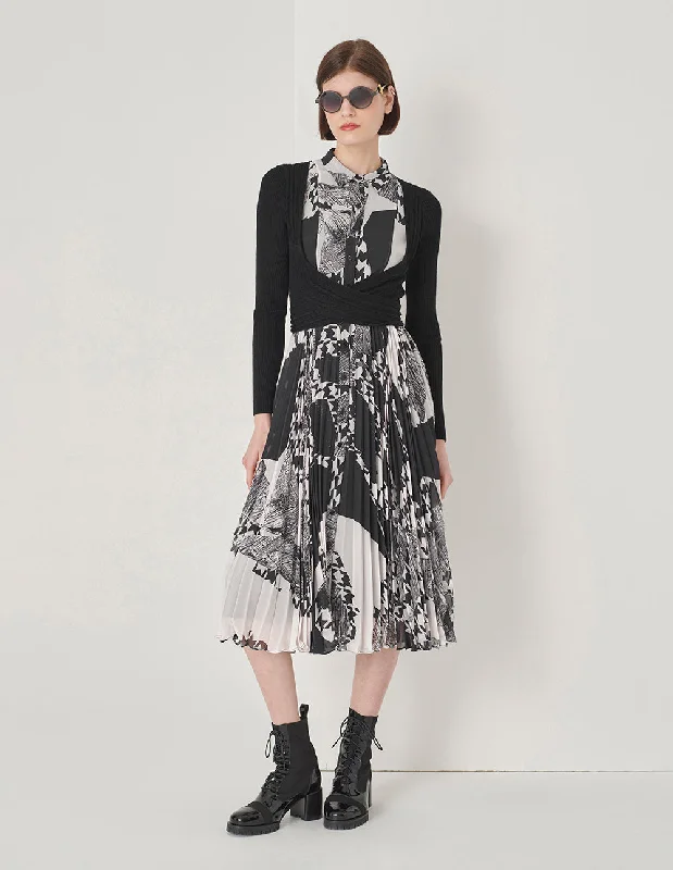 MARYLING Black And White Collage Print Shirt Dress-- Fitted T-Shirt Seamless Stretchy