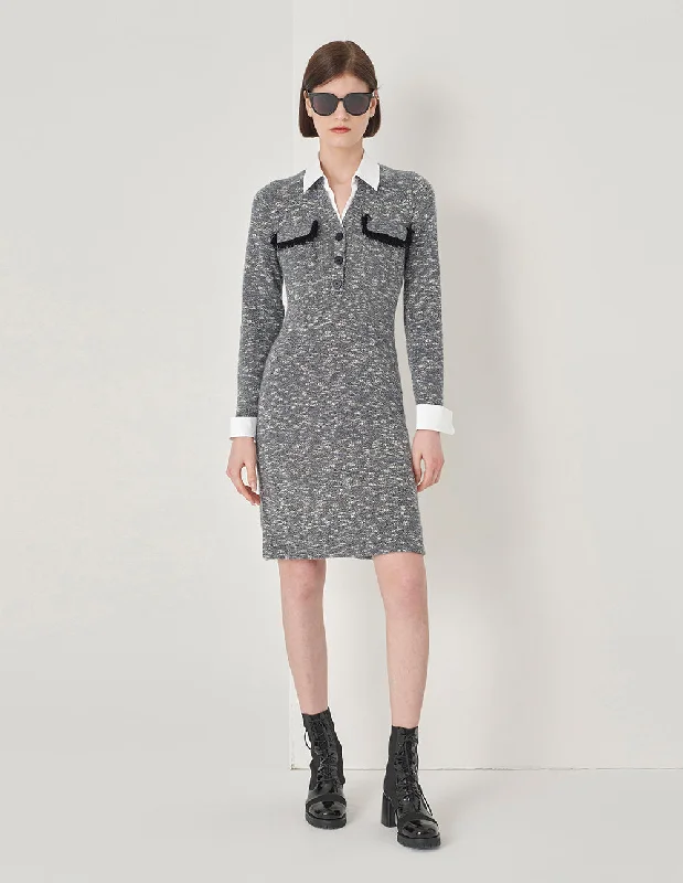 MARYLING Off-White Knit Shirt Collar Dress-- Anti-Pilling Machine Wash Handmade
