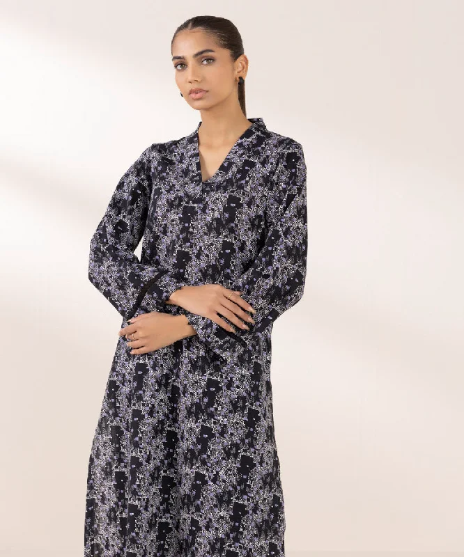 Printed Khaddar Shirt-- Hooded Caped Shawl Collar
