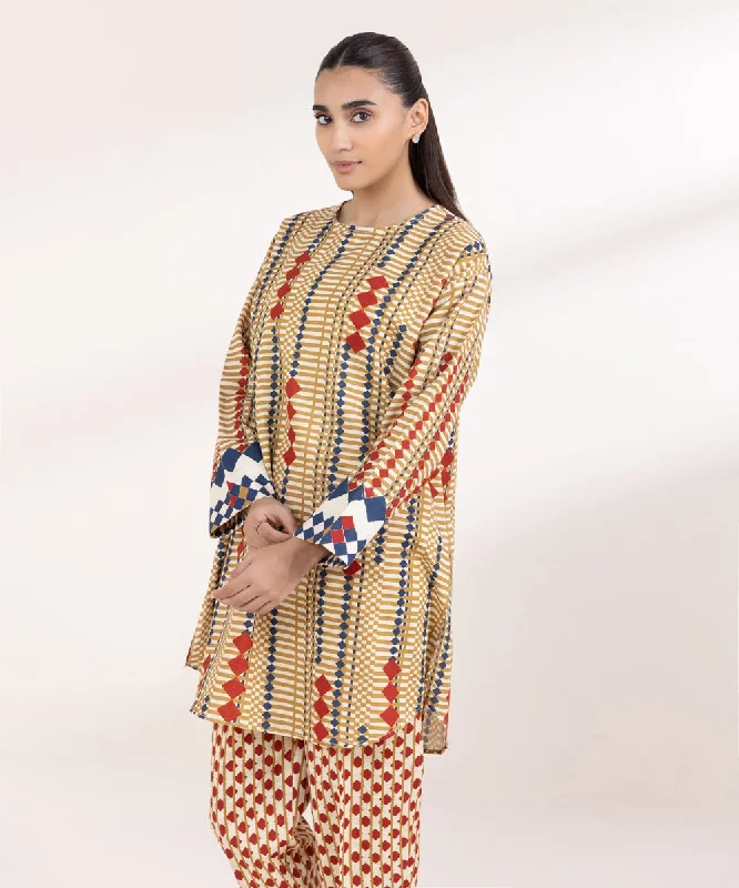 Printed Light Khaddar Shirt-- Graphic T-Shirt Round Neck Polyester