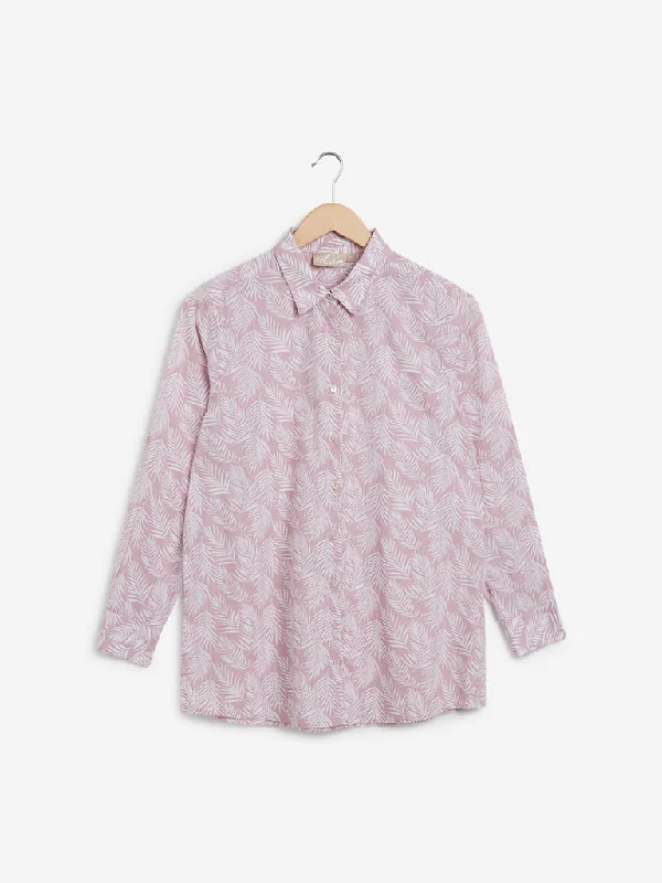 Utsa Light Pink Leaf Printed Ethnic Cotton Shirt-- Mesh Canvas Denim