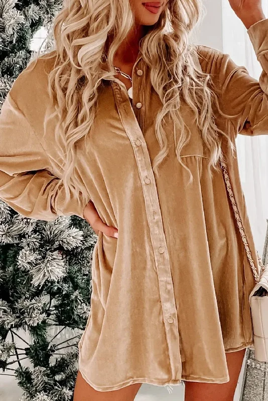 Beige Velvet Button Front Shirt Dress-- Jersey Fabric Tulle Fabric Batik Fabric