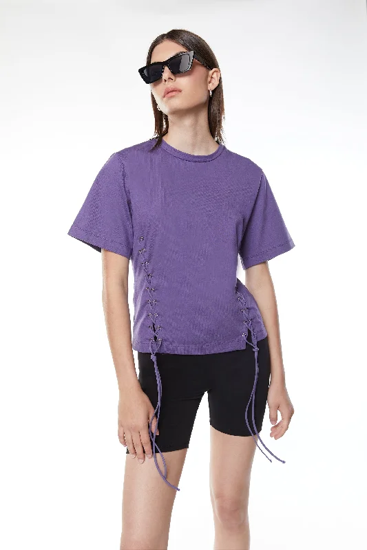 LACE UP T-SHIRT-- Spandex Blend Rayon Blend Denim Blend