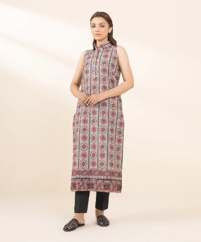 Printed Khaddar Shirt-- Hooded Caped Shawl Collar