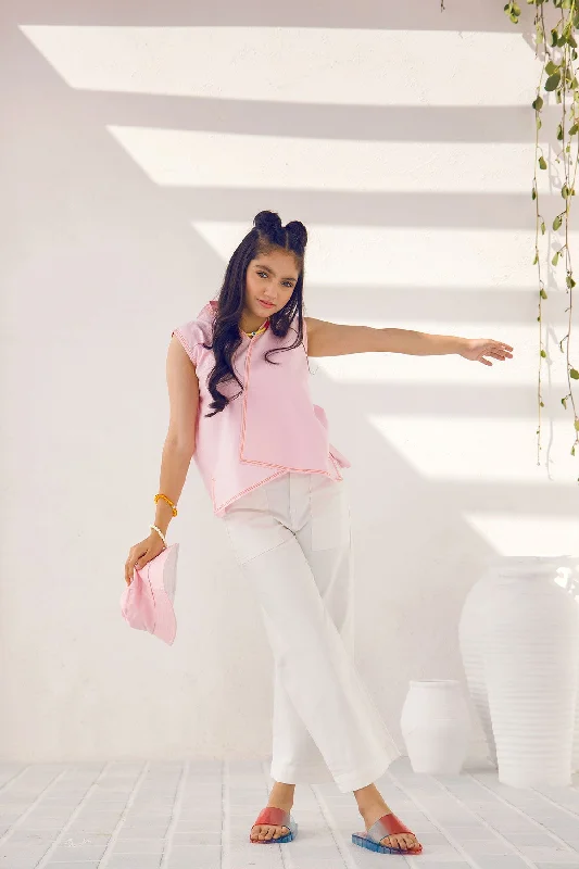 Embroidered Cambric Shirt-- Collared T-Shirt Boat Neck A-Line