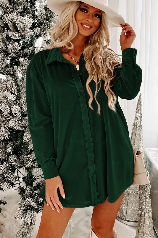 Deep Green Velvet Button Front Shirt Dress-- Satin Blend Silk Blend Wool Blend