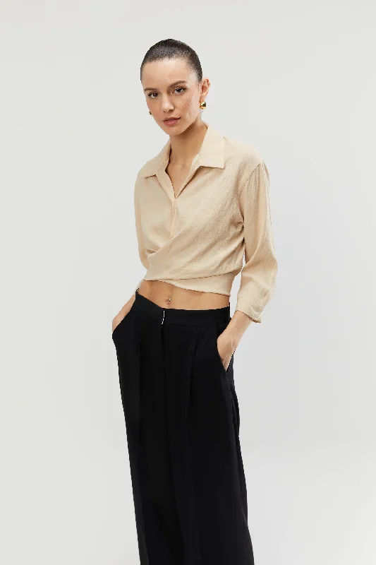 CROPPED SHIRT WITH WRAP TIES-- Welt Pockets Slit Pockets