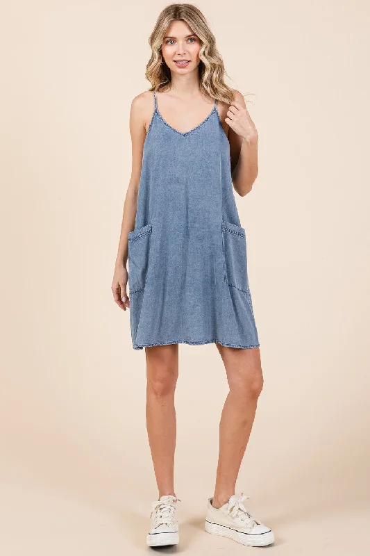 Blue Chambray Front Pocket Dress Tunics Sophisticated sleek