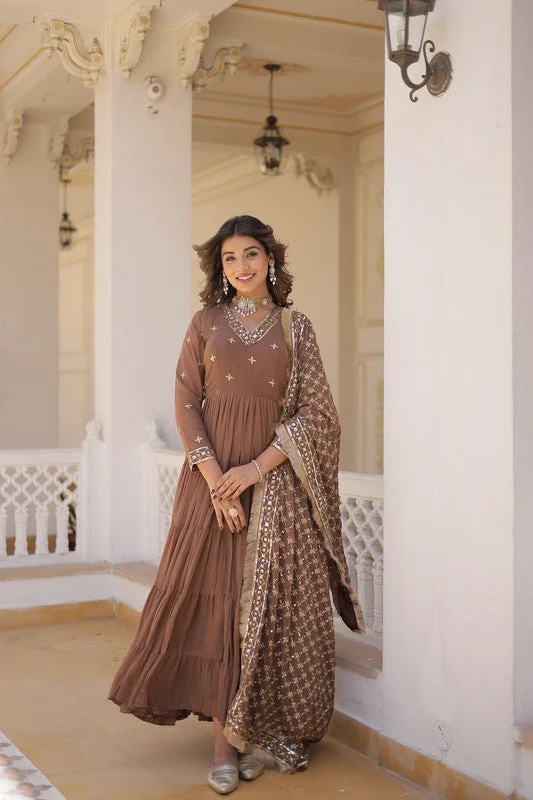 Jyoti Fashion Women's Coffee Faux Georgette Embroidered Partywear Anarkali Dress with Dupatta Tunics Velvet soft Jyoti Fashion Women's Coffee Faux Georgette Embroidered Partywear Anarkali Dress with Dupatta Tunics Velvet soft