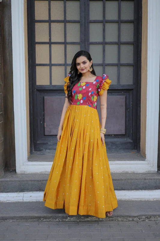Jyoti Fashion Women's Yellow Maslin with Chinon Embroidered Partwear Anarkali Dress Tunics Fashionable trendy