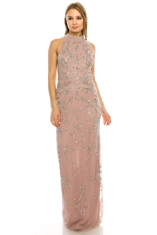 Adrianna Papell Dusty Petal Filigree Beaded Halter Long Evening Dress Tunics Wedding white