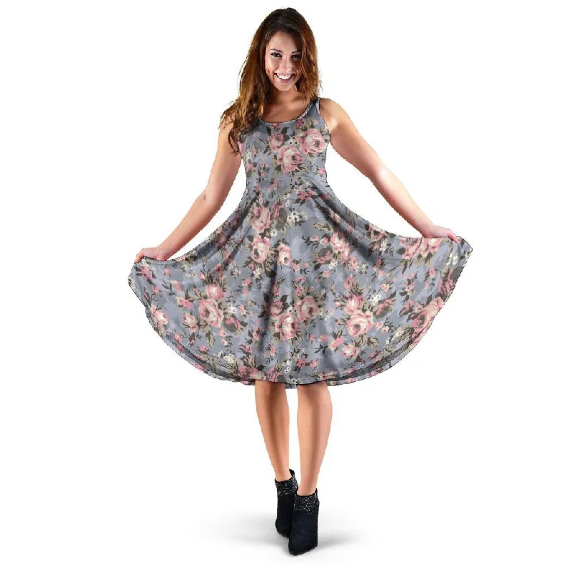 Vintage Pink Rose Flower Print Dress Tunics Mesh breathable