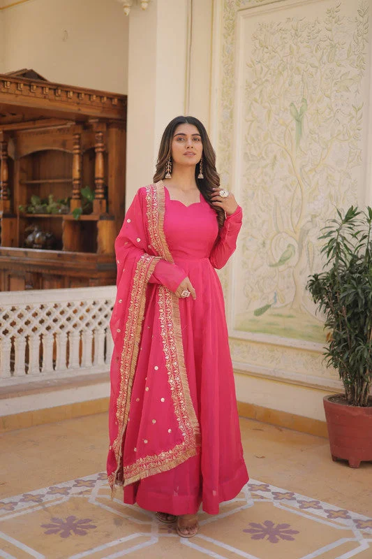 Jyoti Fashion Women's Pink Russian Silk Kali work Partywear Anarkali Dress with Dupatta Tunics Seasonal trendy Jyoti Fashion Women's Pink Russian Silk Kali work Partywear Anarkali Dress with Dupatta Tunics Seasonal trendy