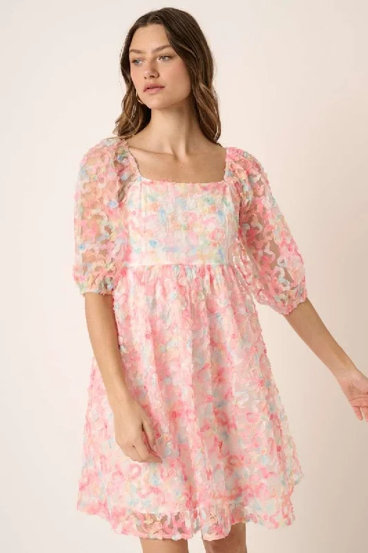 Pink Combo 3D Texture Square Neck Babydoll Dress Tunics Exclusive limited