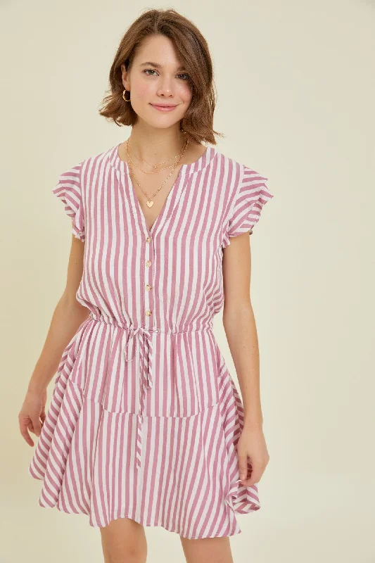 Berry Button-Down Stripe Flare Dress With Lining Tunics Exclusive limited