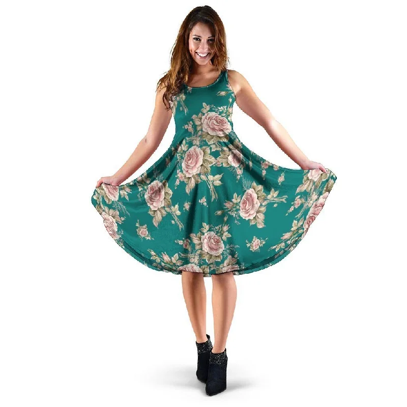 Vintage Watercolor Pink Rose Flower Print Dress Turtleneck Neckline Stylish