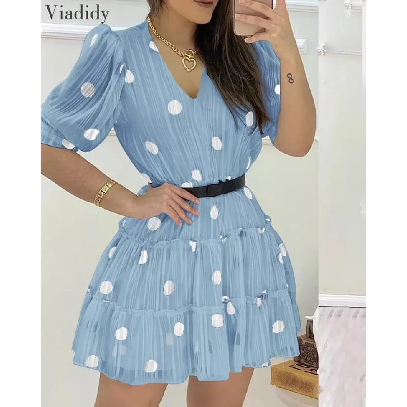 V-Neck Polka Dots Mesh Dress Halter Neckline Beach