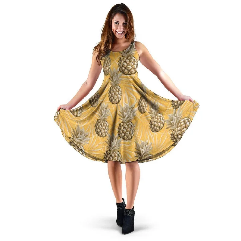 Yellow Hawaiian Pineapple Print Dress Turtleneck Warm Winter