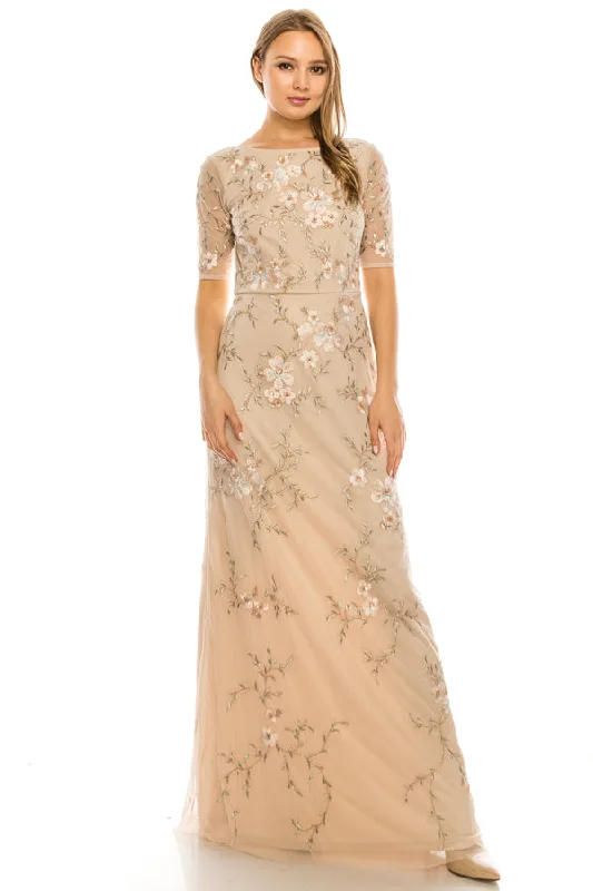 Adrianna Papell Nude Boatneck Elbow Sleeved Long Dress with Allover Blossoming Floral Embroidery Tunics Travel practical Adrianna Papell Nude Boatneck Elbow Sleeved Long Dress with Allover Blossoming Floral Embroidery Tunics Travel practical
