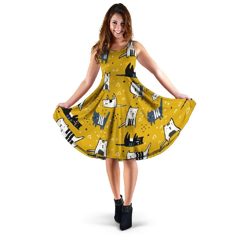 Yellow Doodle Cat Print Dress Tunics Satin smooth