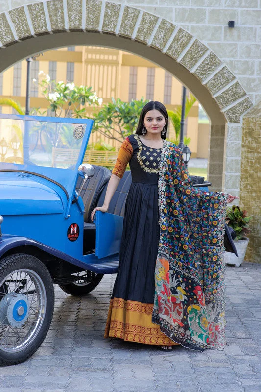 Jyoti Fashion Women's Black Silk Jacquard Weaving with Embroidery Work Anarkali Dress with Dupatta Tunics Summer linen Jyoti Fashion Women's Black Silk Jacquard Weaving with Embroidery Work Anarkali Dress with Dupatta Tunics Summer linen
