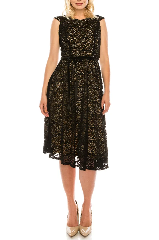 Maison Tara Black Nude Velvet Lace A-Line Dress Crew Neckline Sporty