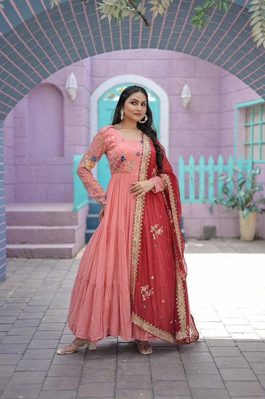 Jyoti Fashion Women's Peach Faux Georgette Thread Embroidery Anarkali Dress with Dupatta Tunics Practical durable Jyoti Fashion Women's Peach Faux Georgette Thread Embroidery Anarkali Dress with Dupatta Tunics Practical durable