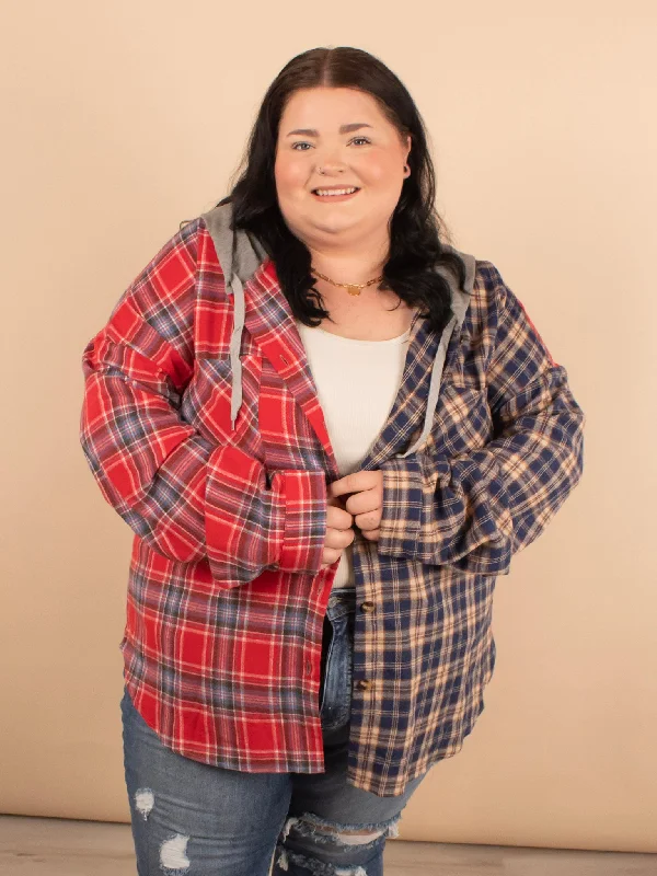 Marnie Plaid Oversized Hoodie in Red & Navy Hoodie with Patch Decorative Personalized Marnie Plaid Oversized Hoodie in Red & Navy Hoodie with Patch Decorative Personalized