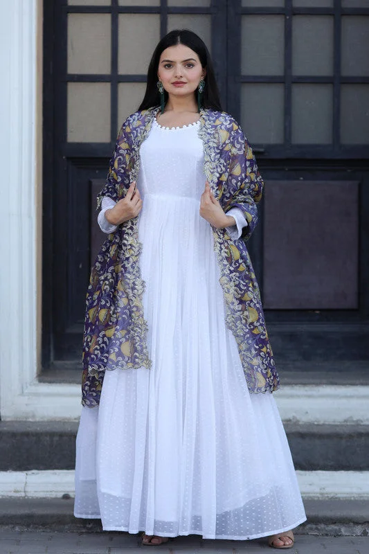 Jyoti Fashion Women's White Georgette Butti work Partywear Anarkali Dress with Dupatta Tunics Fashionable chic Jyoti Fashion Women's White Georgette Butti work Partywear Anarkali Dress with Dupatta Tunics Fashionable chic