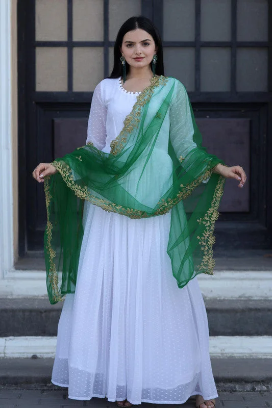 Jyoti Fashion Women's White Faux Georgette Butti work Anarkali Dress with Dupatta Tunics Office stylish