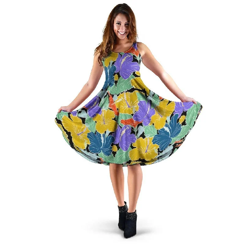 Violet Hibiscus Flower Hawaiian Print Dress sweetheart Neckline Romantic