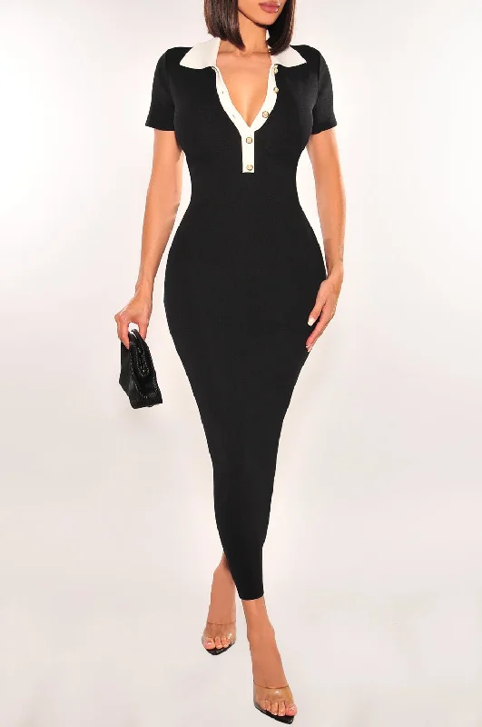 Black White Ribbed Short Sleeve Collared Button Up Dress Tunics Luxurious high-end