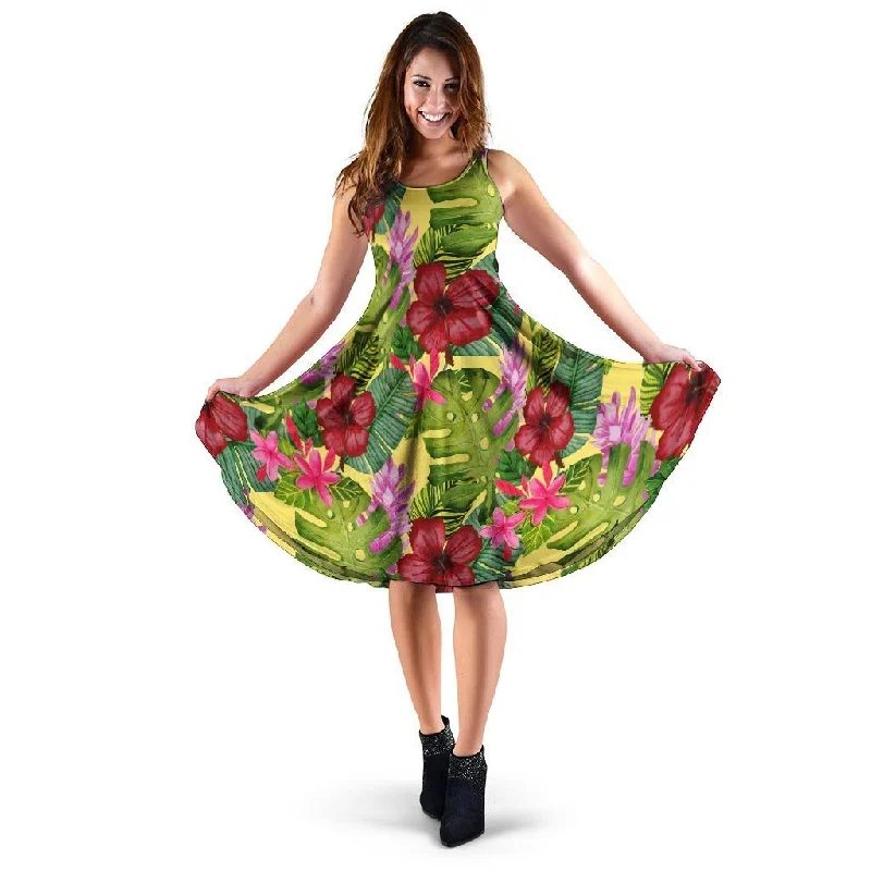 Watercolor Hibiscus Floral Hawaiian Print Dress Square Neckline Feminine