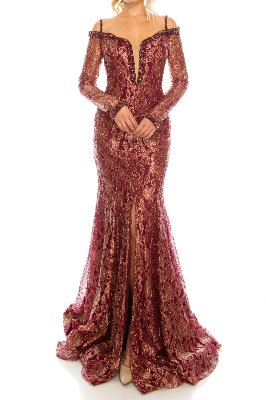 Odrella Burgundy Metallic Lace Trumpet Evening Dress Tunics Cozy soft