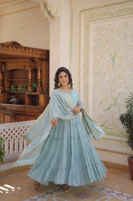 Jyoti Fashion Women's Sky Blue Faux Georgette Embroidered Partywear Anarkali Dress with Dupatta Tunics stripes playful Jyoti Fashion Women's Sky Blue Faux Georgette Embroidered Partywear Anarkali Dress with Dupatta Tunics stripes playful