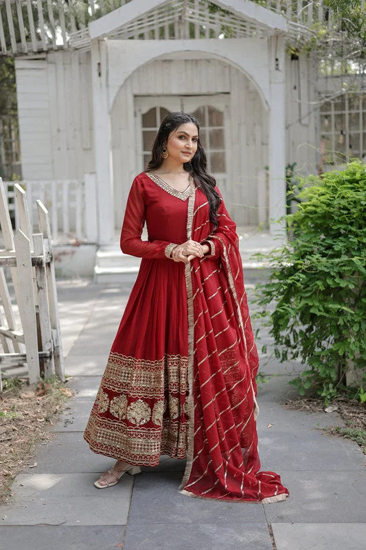 Jyoti Fashion Women's Maroon Faux Blooming Sequins Embroidery Anarkali Dress with Dupatta Tunics Silk luxurious