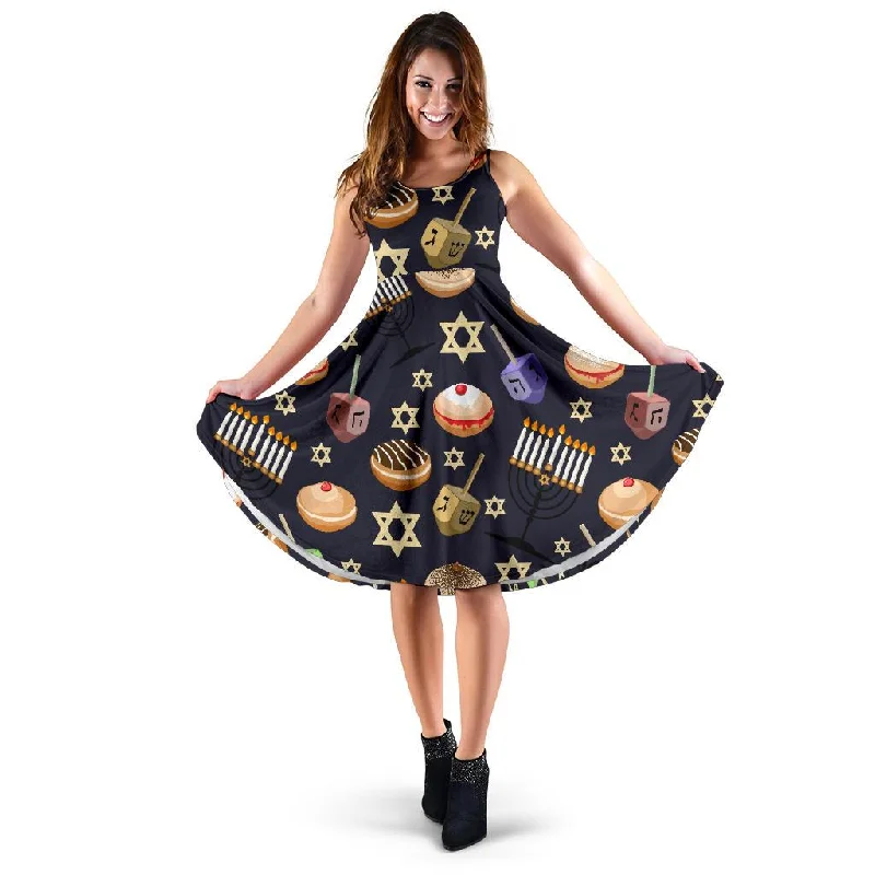 Hanukkah Black Print Pattern Dress Square Neckline Feminine