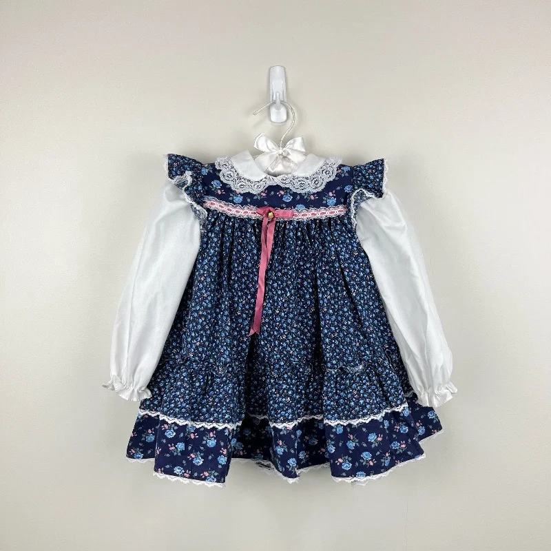 Vintage Peach ;N Cream Blue Floral Dress 3T USA Tunics Satin smooth