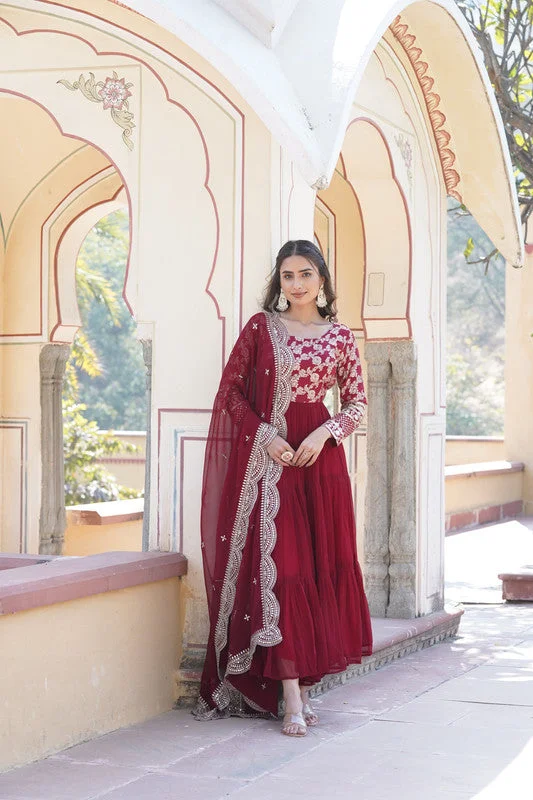 Jyoti Fashion Women's Maroon Faux Blooming Jacquard with Sequins Embroidered Anarkali Dress with Dupatta Tunics Solid Classic Jyoti Fashion Women's Maroon Faux Blooming Jacquard with Sequins Embroidered Anarkali Dress with Dupatta Tunics Solid Classic