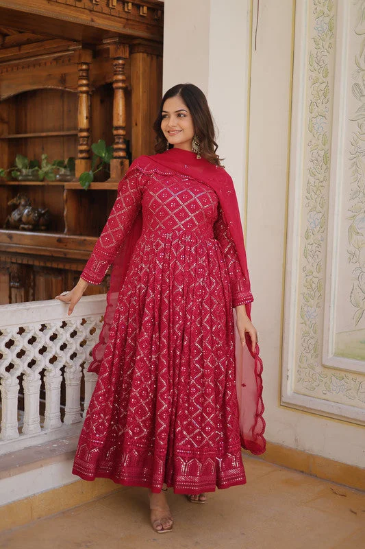 Jyoti Fashion Women's Rani Pink Faux Blooming Sequins Embroidered Partywear Anarkali Dress with Dupatta Tunics Luxurious high-end Jyoti Fashion Women's Rani Pink Faux Blooming Sequins Embroidered Partywear Anarkali Dress with Dupatta Tunics Luxurious high-end
