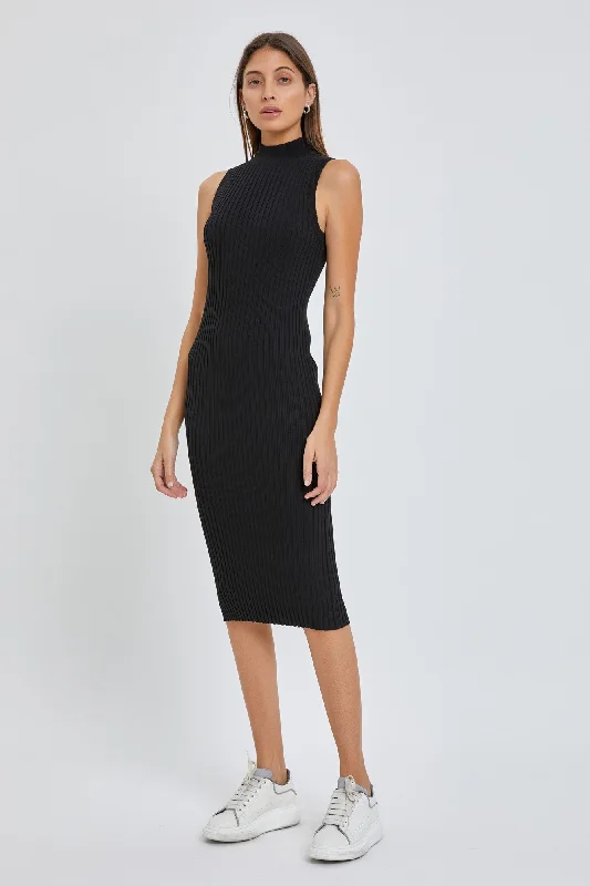 Black Ribbed Fitted Mock Neck Dress Tunics Practical easy-care