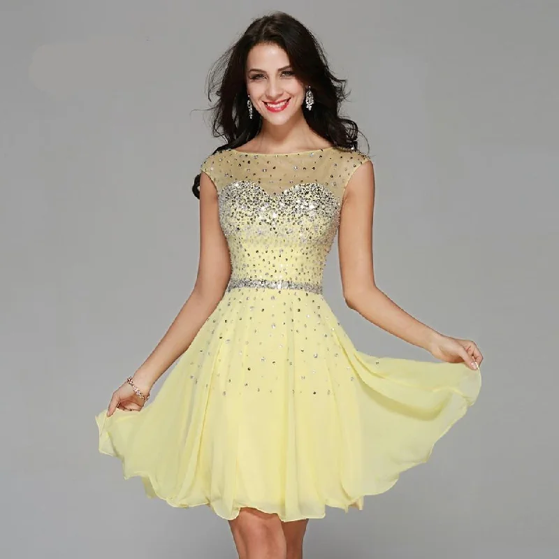 Yellow Chiffon Beaded Crystal Cocktail / Homecoming Dresses Floral Print girly
