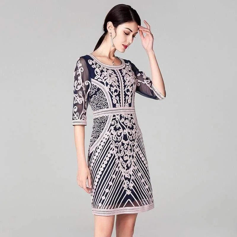 Fashion Party Cocktail O-Neck Allover Appliques Embroidery Dress Tunics Business professional Fashion Party Cocktail O-Neck Allover Appliques Embroidery Dress Tunics Business professional