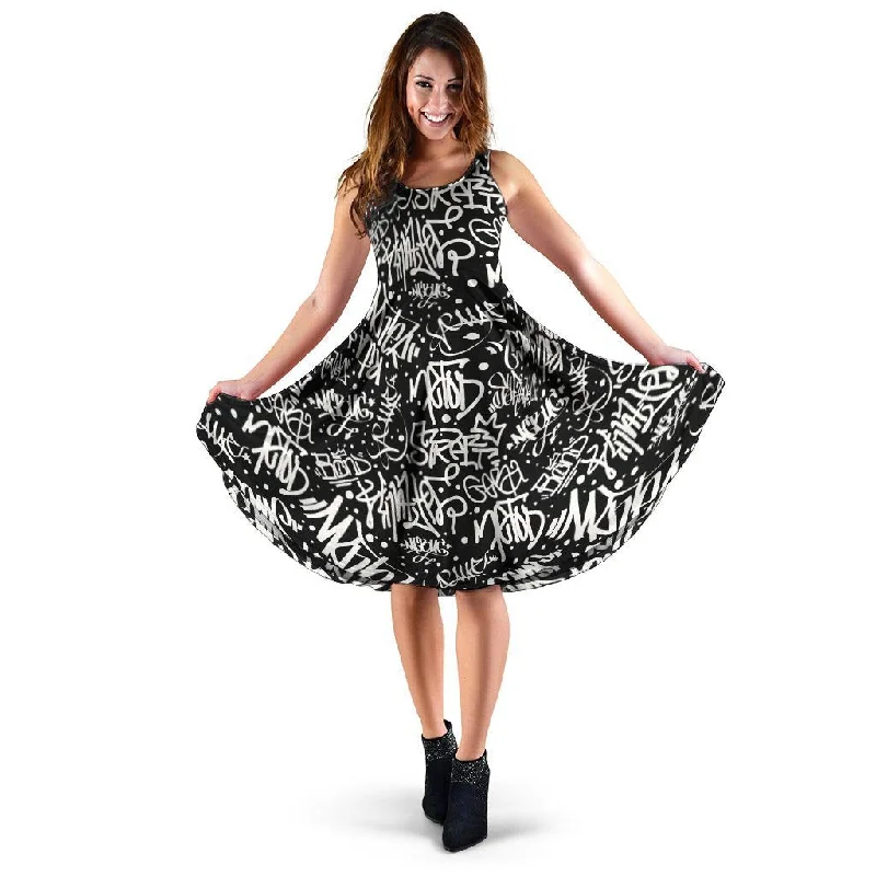White And Black Graffiti Doodle Text Print Dress Casual Short Summer