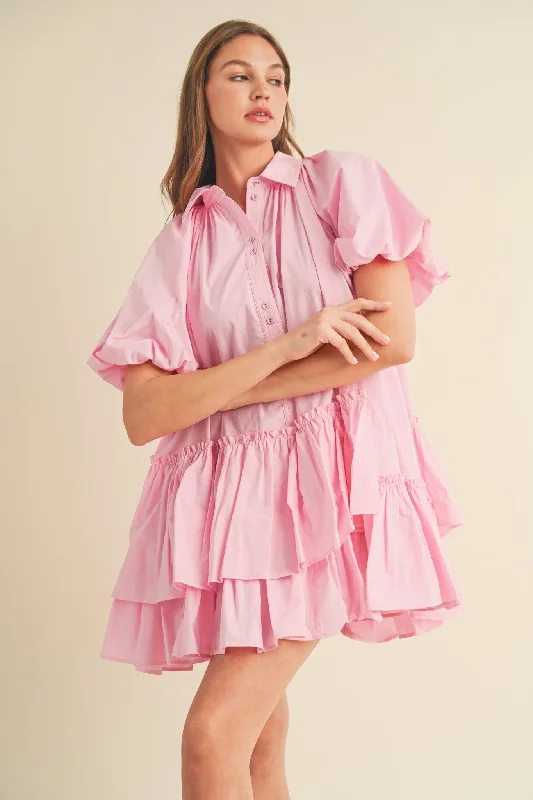 Cool Pink Bubble Sleeve Button Down Babydoll Dress Halter Neckline Beach