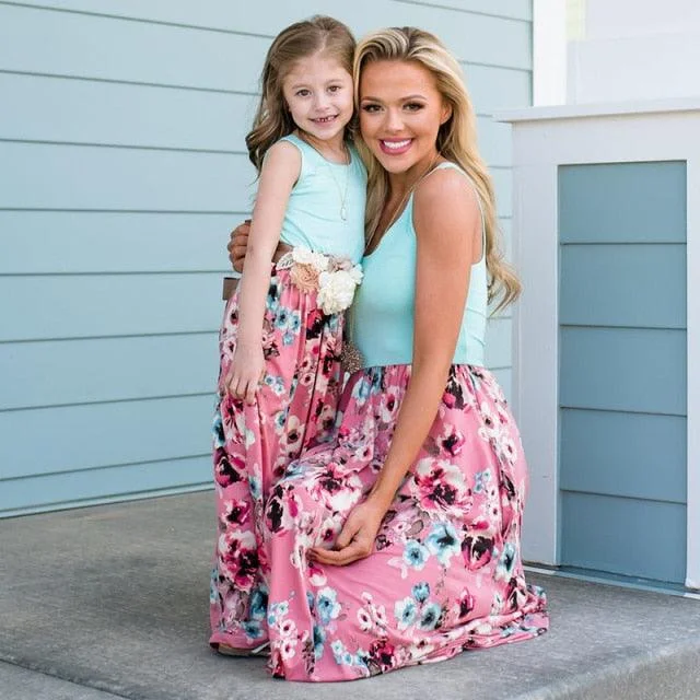 Floral Long Dresses for Mother and Daughter Tunics Chic elegant