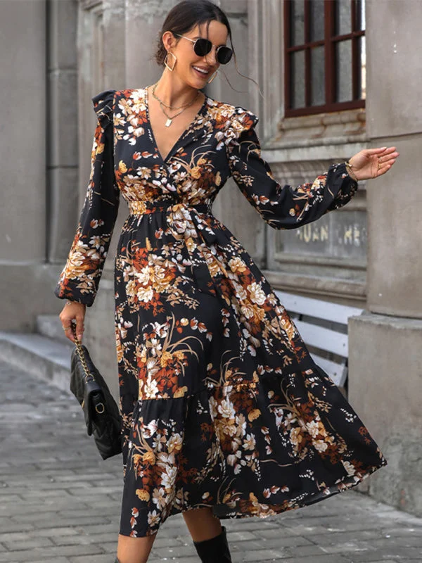 Women's Ruffle Belt Printed Autumn Dress Tunics Cozy comfortable